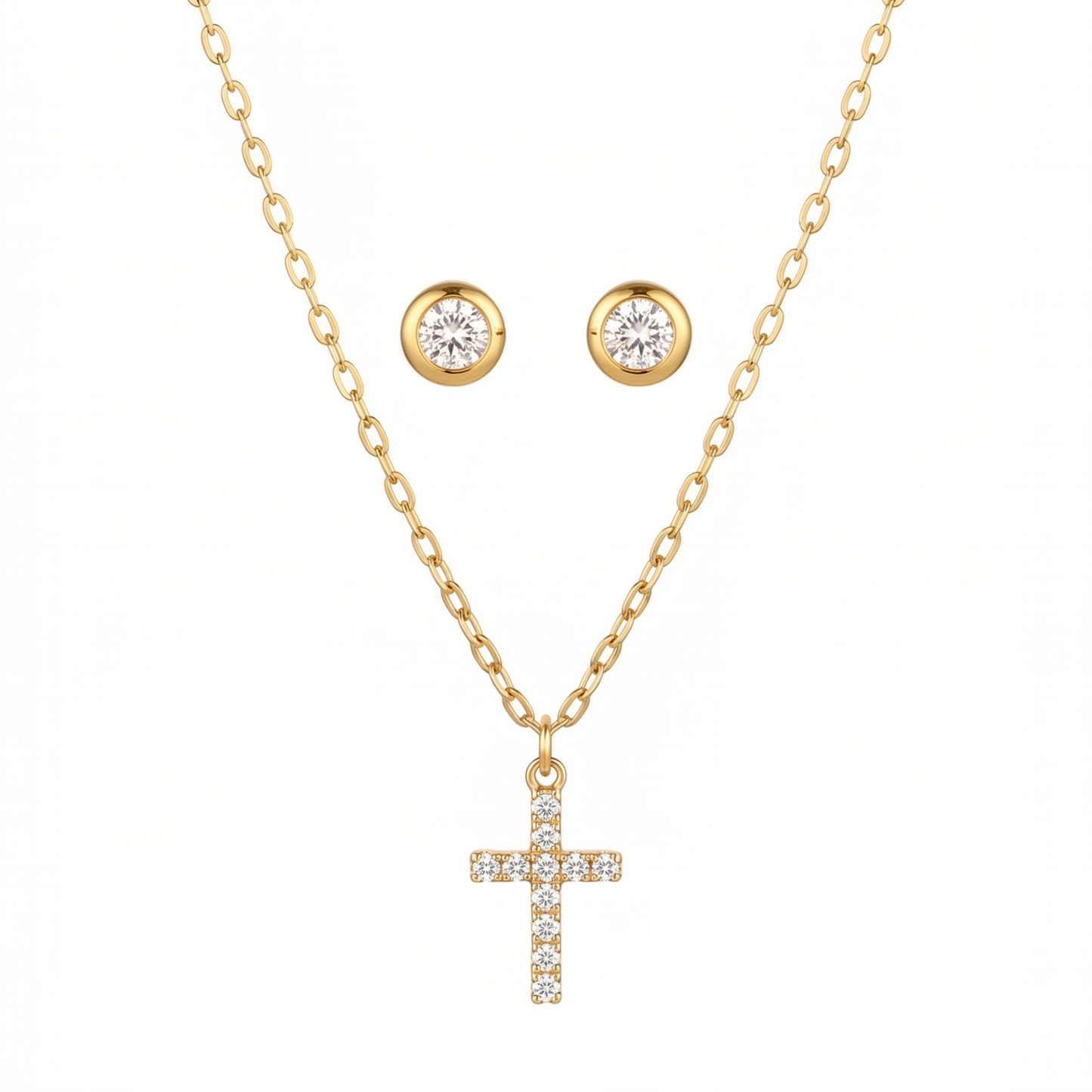 Set de Cadena y Aretes Laminados en Oro de 18KL con Swarovski