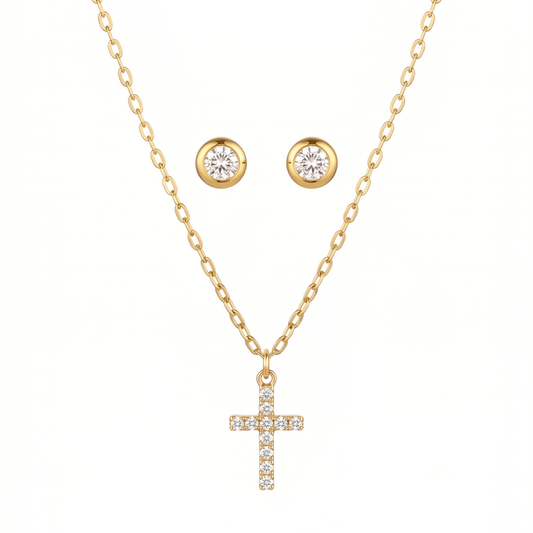 Set de Cadena y Aretes Laminados en Oro de 18KL con Swarovski