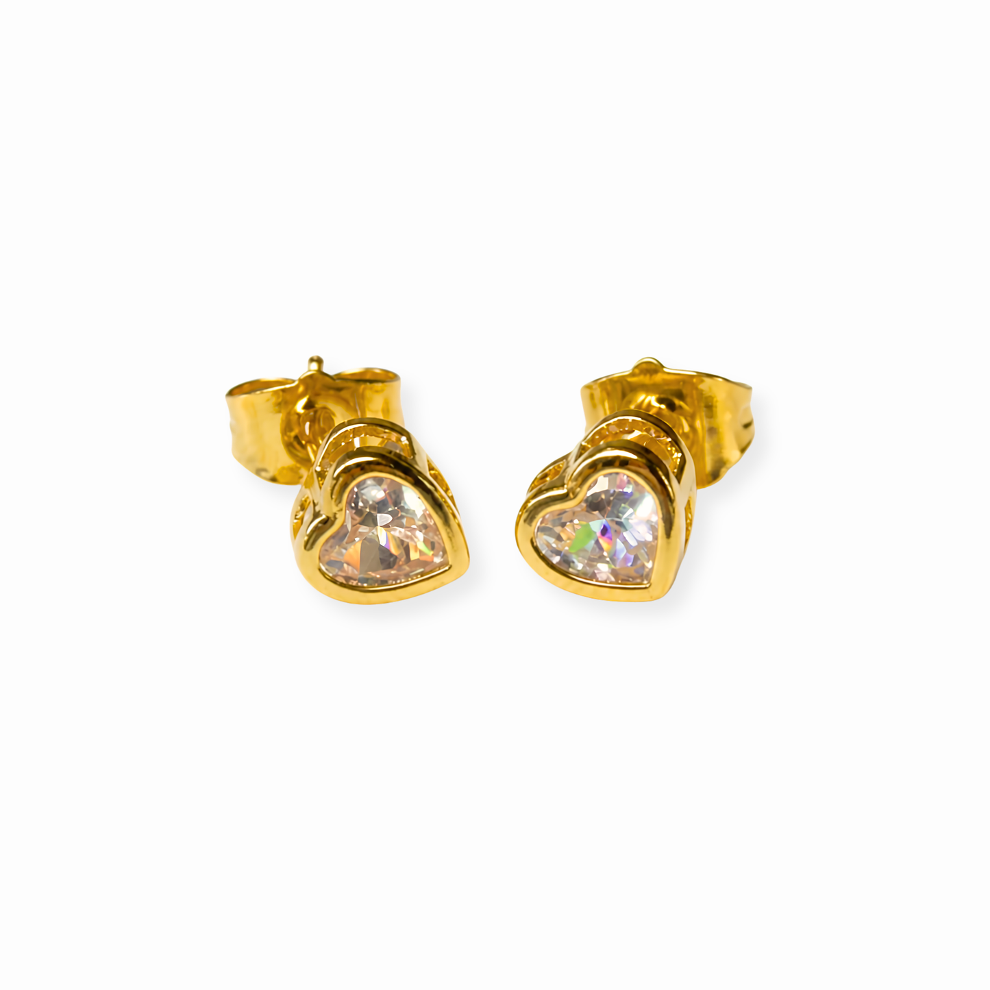 Aretes Pequeños Laminados en Oro de 24KL con Swarovski Corte Corazón de 1KL Cada Uno