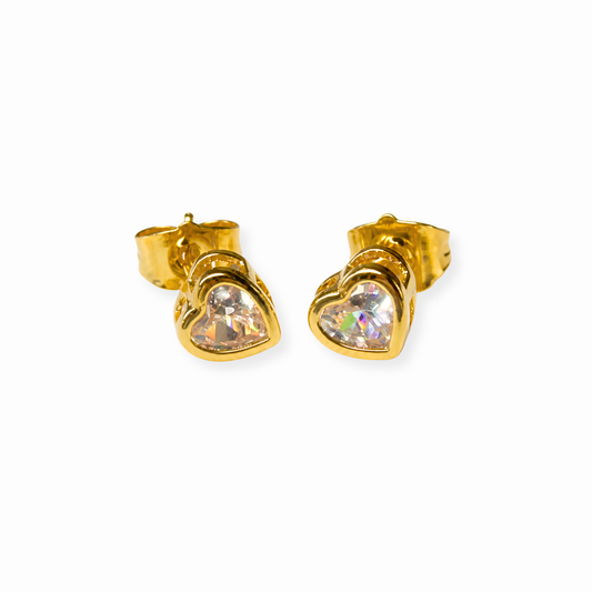 Aretes Pequeños Laminados en Oro de 24KL con Swarovski Corte Corazón de 1KL Cada Uno
