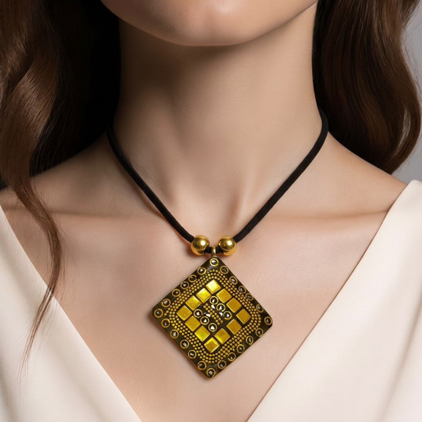 Chockers con Lazo de Tela en Bronce Pulido Texturizado con Incrustaciones de Piedras Semipreciosas Turquesas, Corales, Madre Perla y Ónix