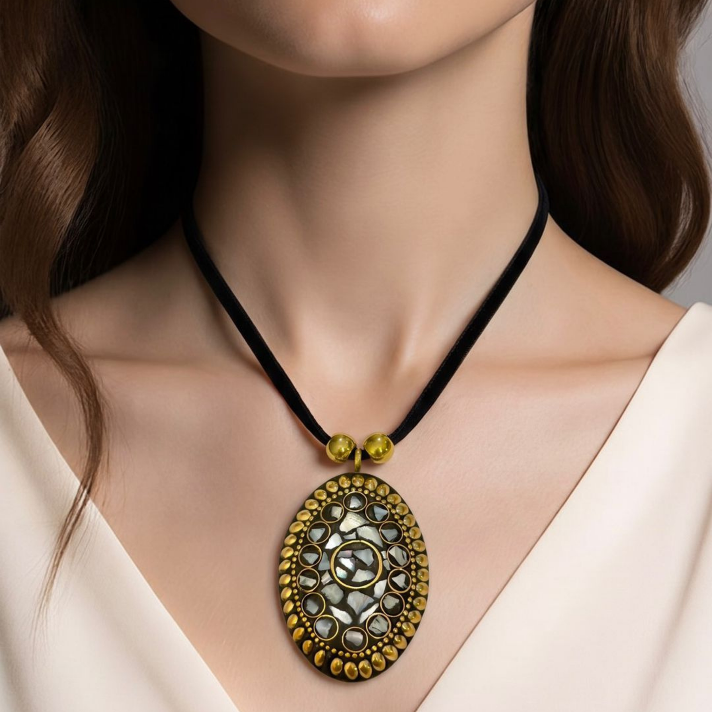 Chockers con Lazo de Tela en Bronce Pulido Texturizado con Incrustaciones de Piedras Semipreciosas Turquesas, Corales, Madre Perla y Ónix
