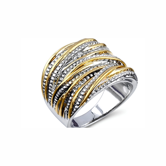 Anillo Laminado en Oro Blanco de 18KL con Detalles en Oro Amarillo