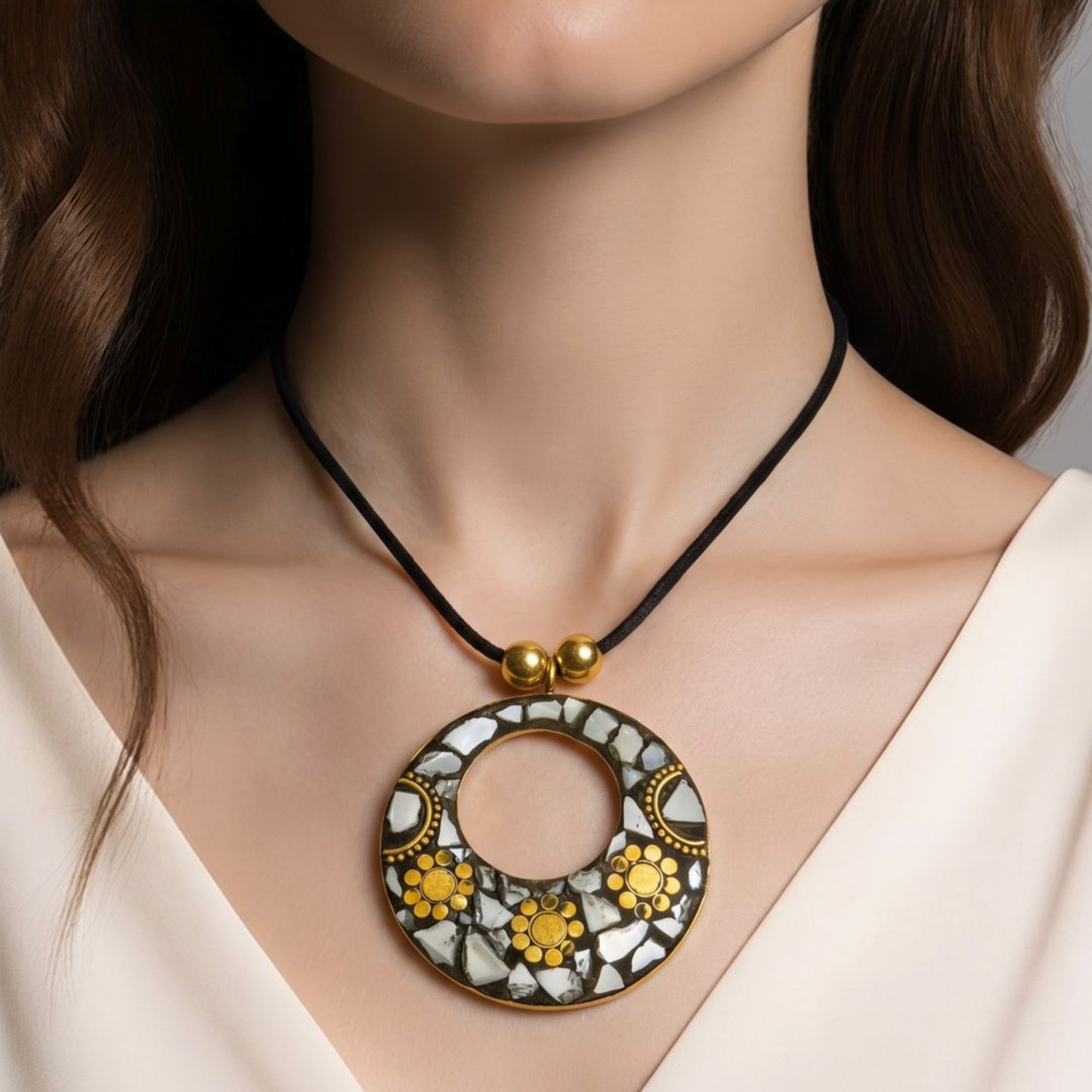 Chockers con Lazo de Tela en Bronce Pulido Texturizado con Incrustaciones de Piedras Semipreciosas Turquesas, Corales, Madre Perla y Ónix