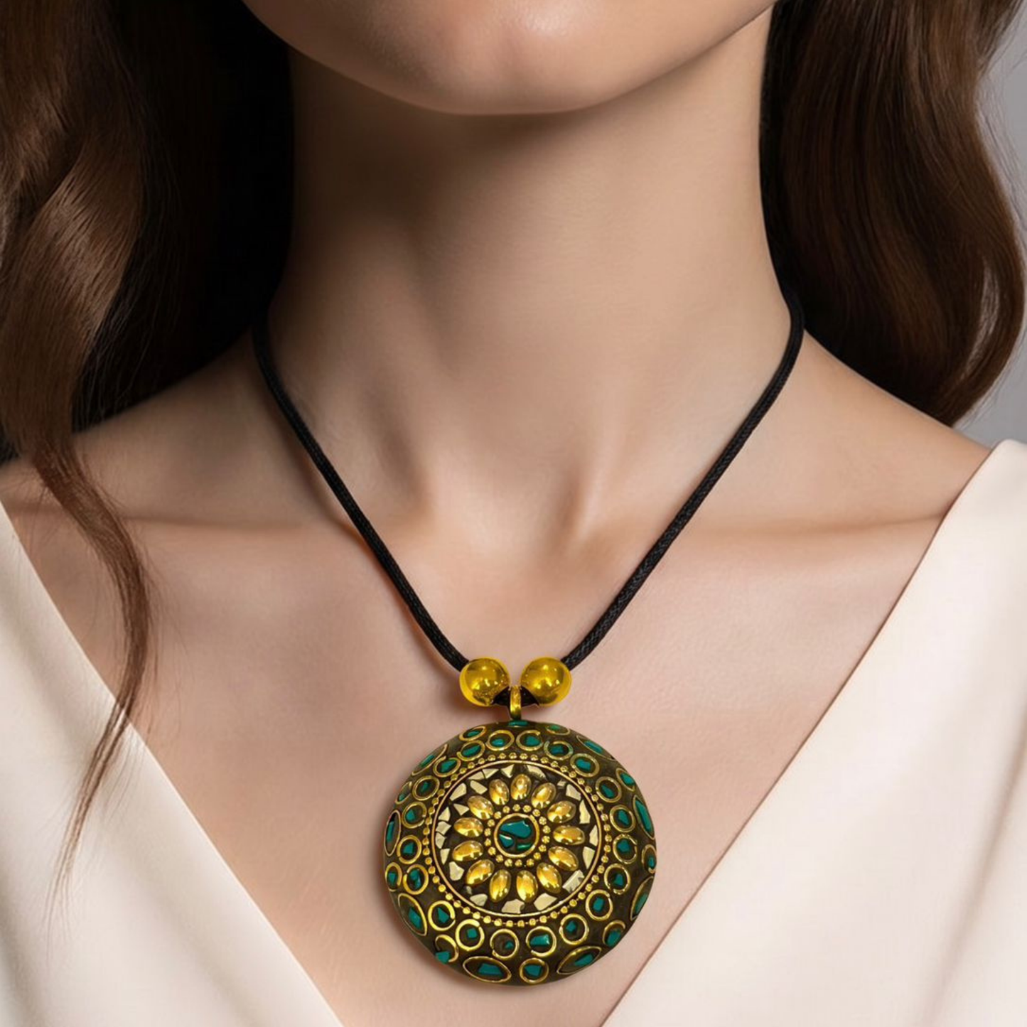 Chockers con Lazo de Tela en Bronce Pulido Texturizado con Incrustaciones de Piedras Semipreciosas Turquesas, Corales, Madre Perla y Ónix